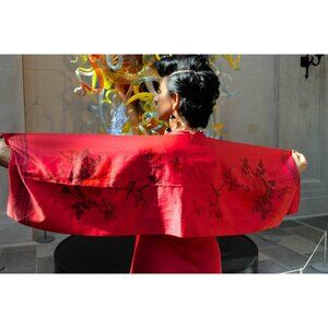 Birds Rose Tree Red Long Scarf Vintage Accessory